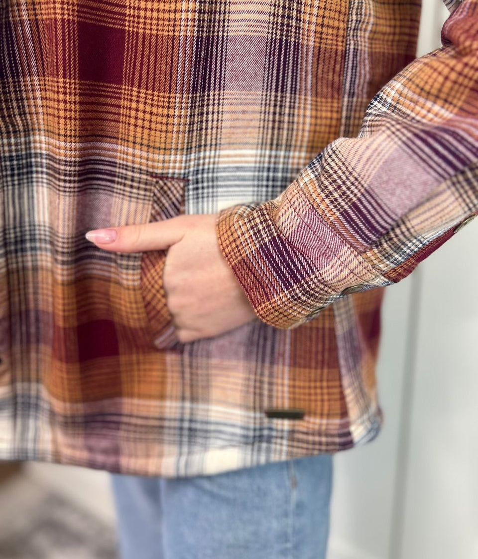 Burnt Orange Sherpa Checked Hooded Shacket