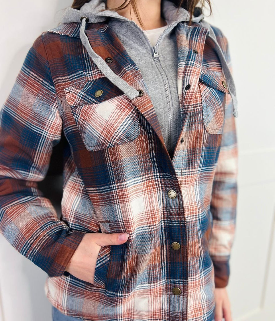 Navy Sherpa Checked Hooded Shacket