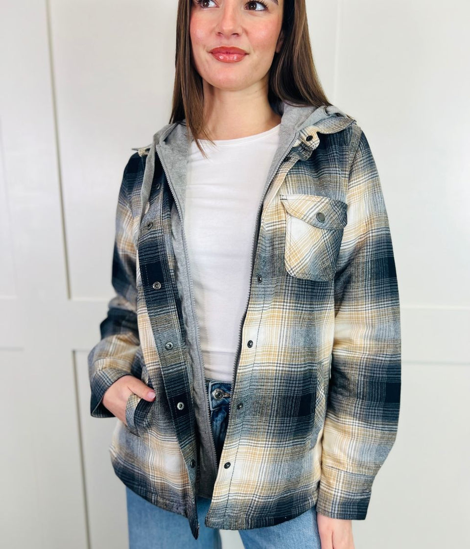 Black Sherpa Checked Hooded Shacket