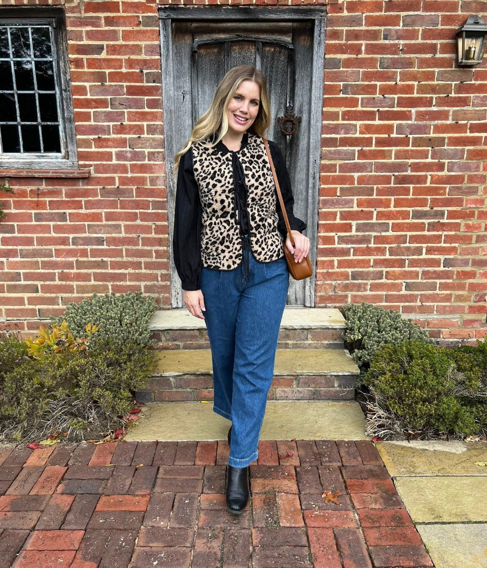 Leopard Print Tie Front Borg Gilet