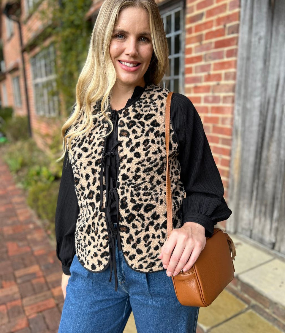 Leopard Print Tie Front Borg Gilet