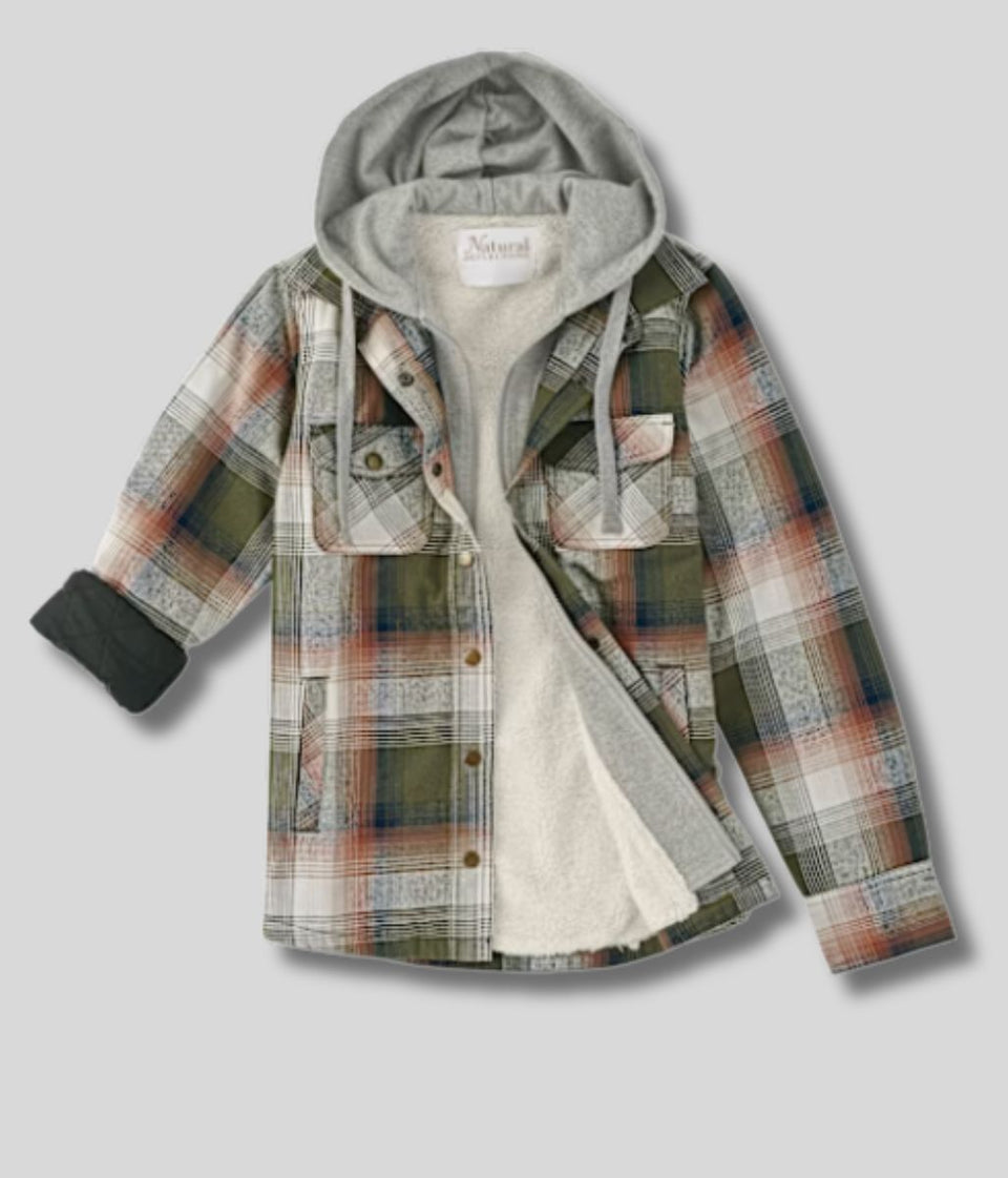Khaki Sherpa Checked Hooded Shacket