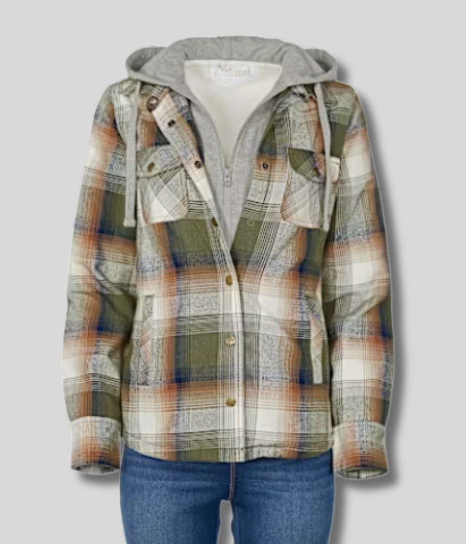 Khaki Sherpa Checked Hooded Shacket