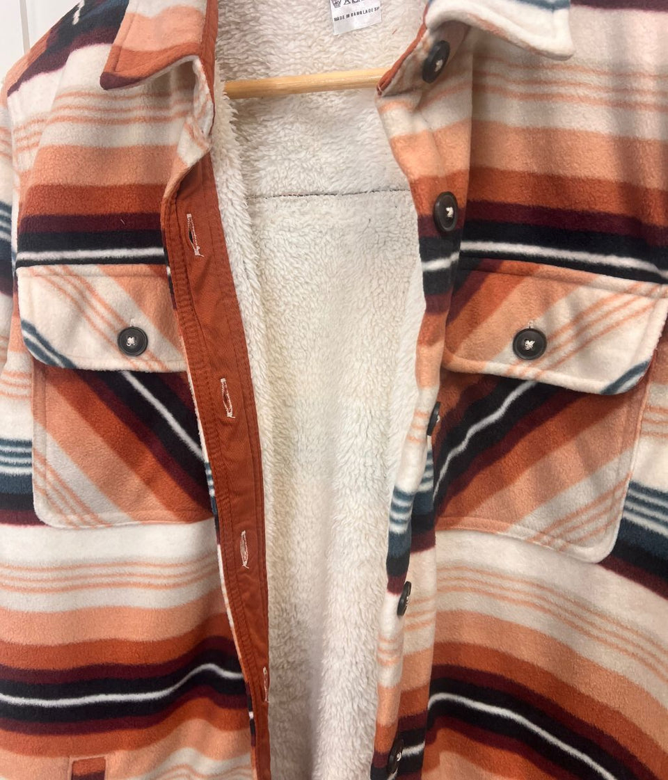 Coral Striped Sherpa Lined Fleece Shacket