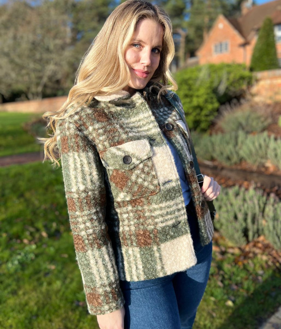 Green Check Print Borg Jacket