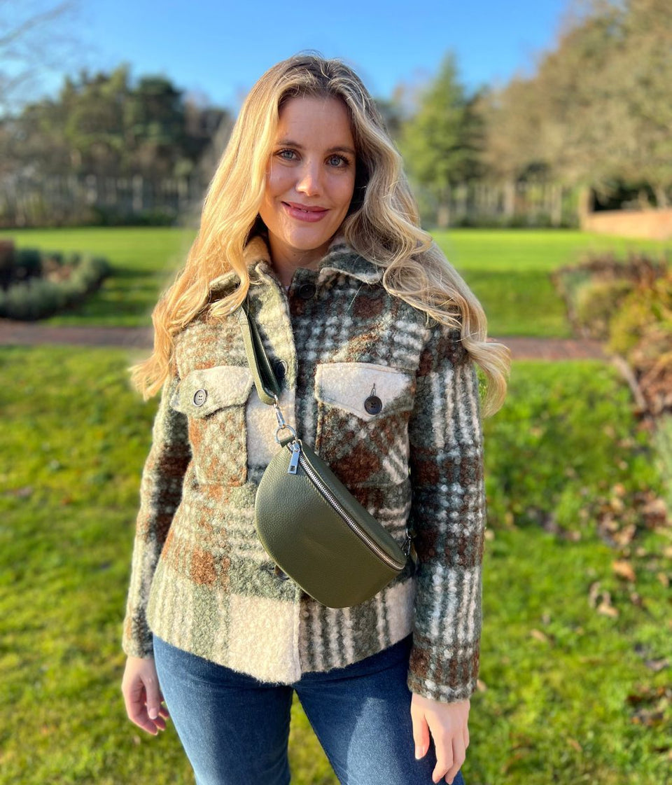 Green Check Print Borg Jacket