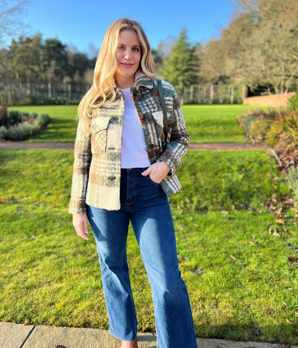 Green Check Print Borg Jacket