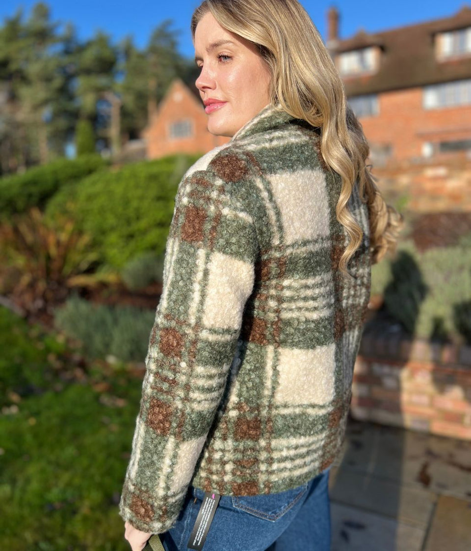Green Check Print Borg Jacket