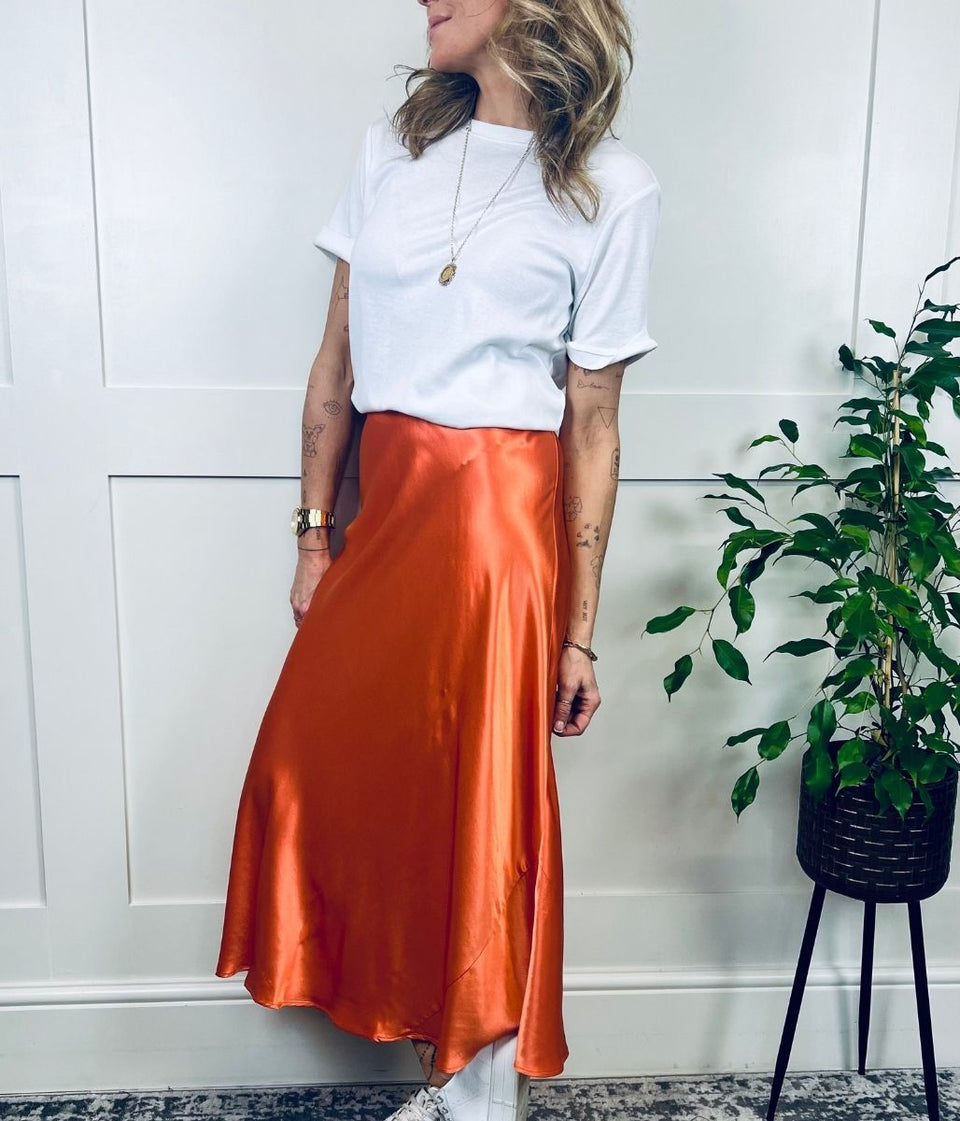 Orange Satin Midi Slip Skirt