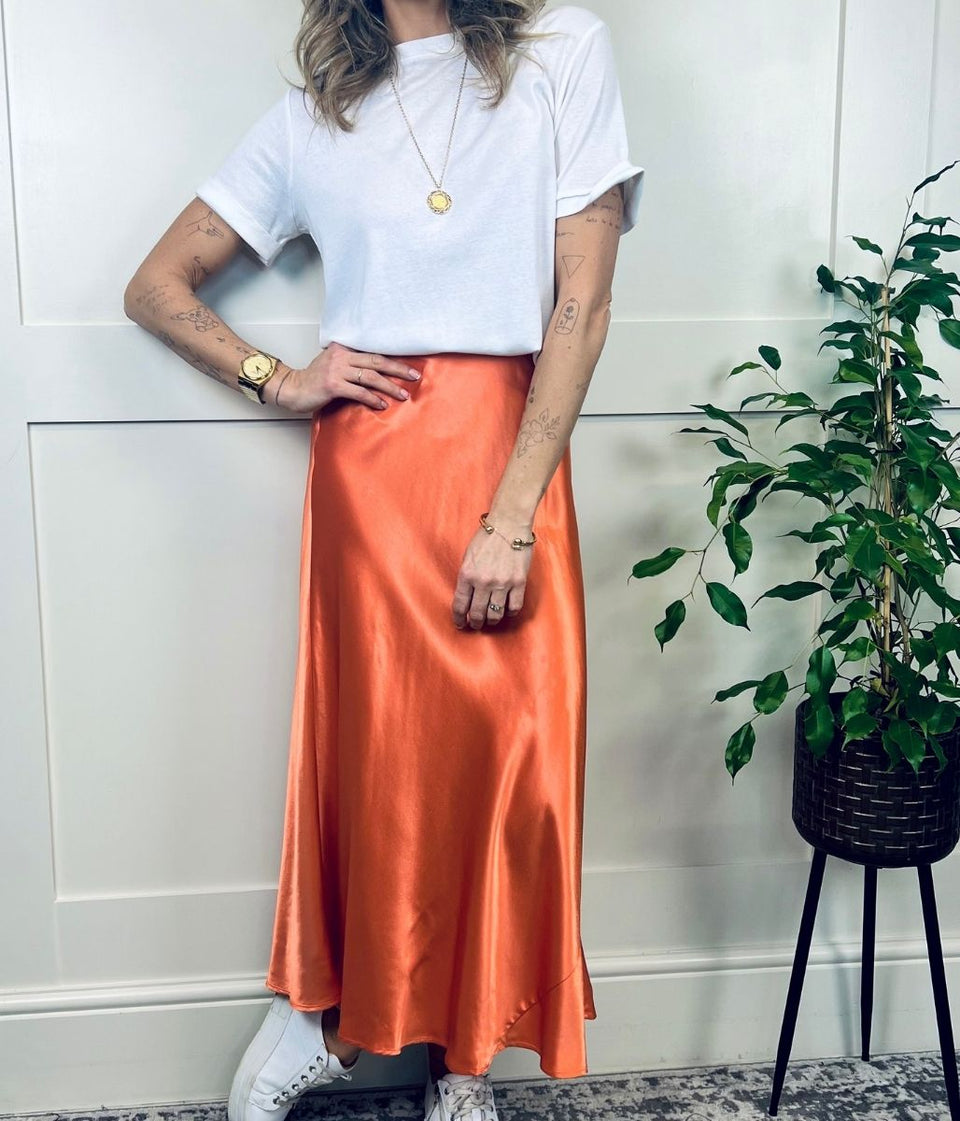 Orange Satin Midi Slip Skirt