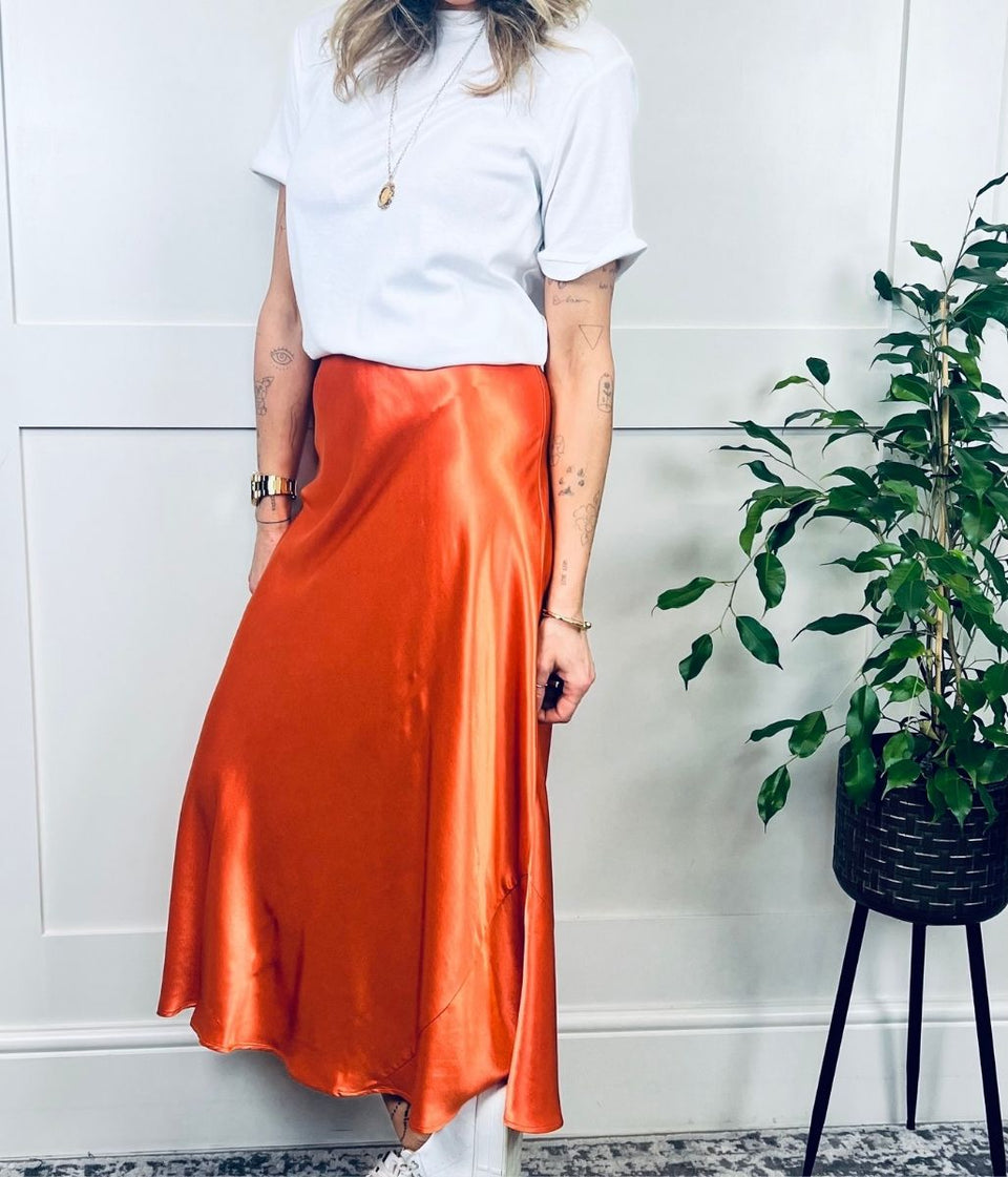 Orange Satin Midi Slip Skirt