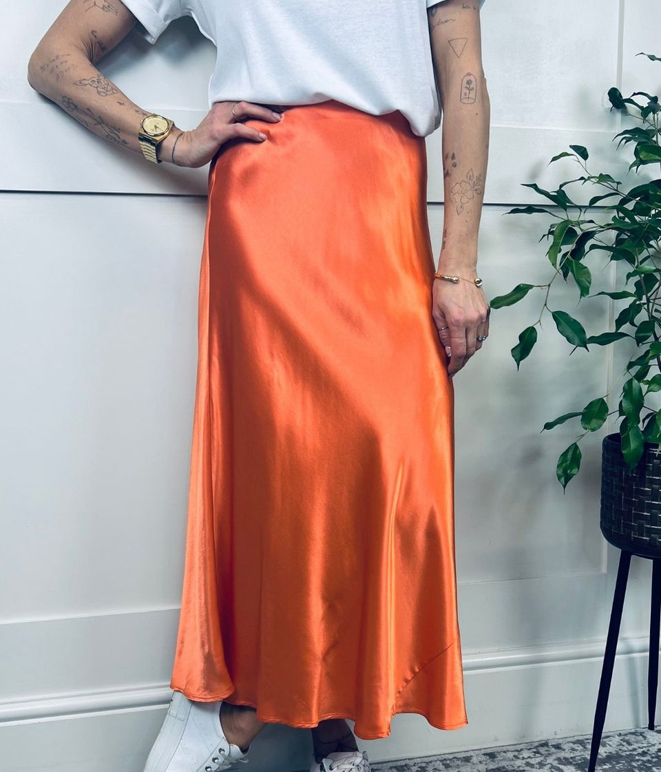 Orange Satin Midi Slip Skirt