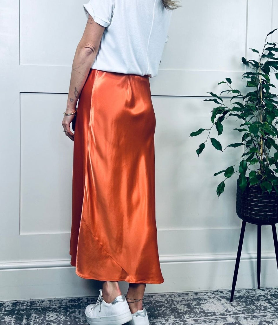 Orange Satin Midi Slip Skirt