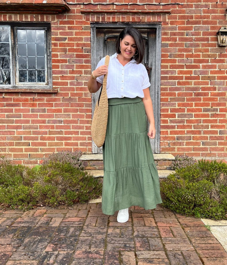 khaki tiered maxi skirt