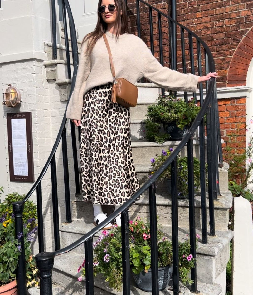 Leopard Print Satin Slip Midi Skirt