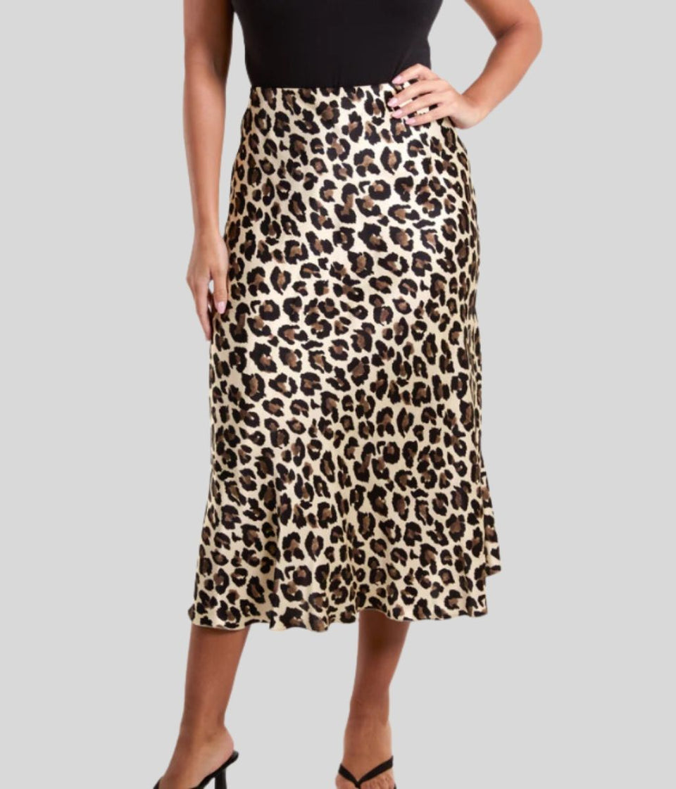 Leopard Print Satin Slip Midi Skirt