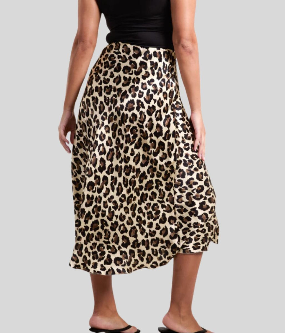 Leopard Print Satin Slip Midi Skirt