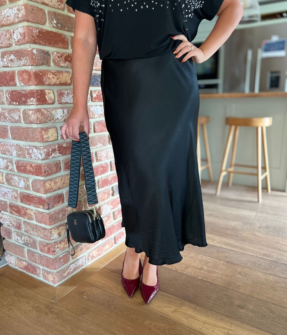 Black Satin Slip Midi Skirt