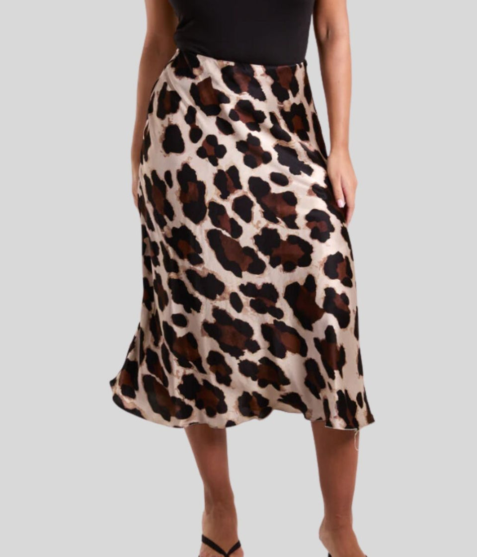 Abstract Leopard Print Satin Slip Midi Skirt