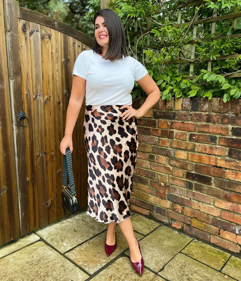 Abstract Leopard Print Satin Slip Midi Skirt