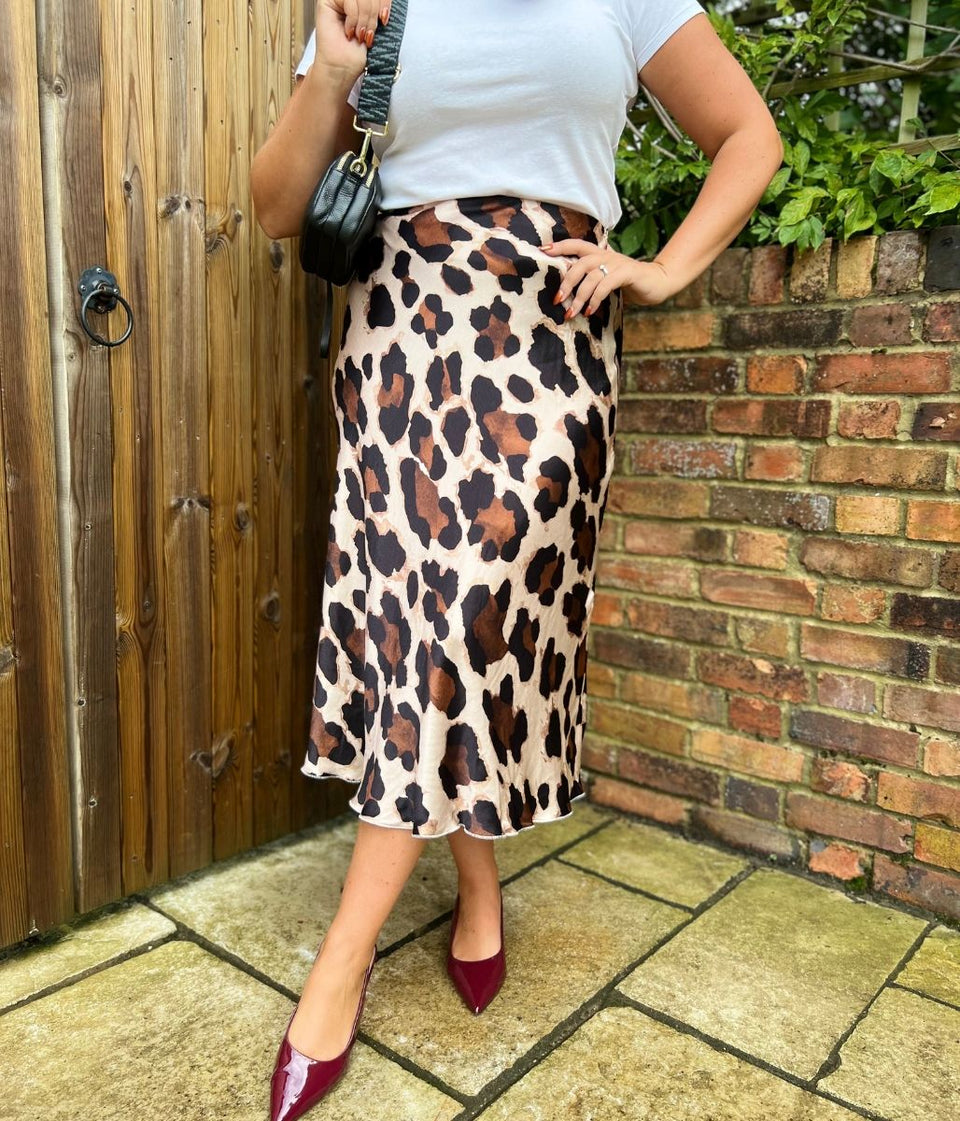 Abstract Leopard Print Satin Slip Midi Skirt