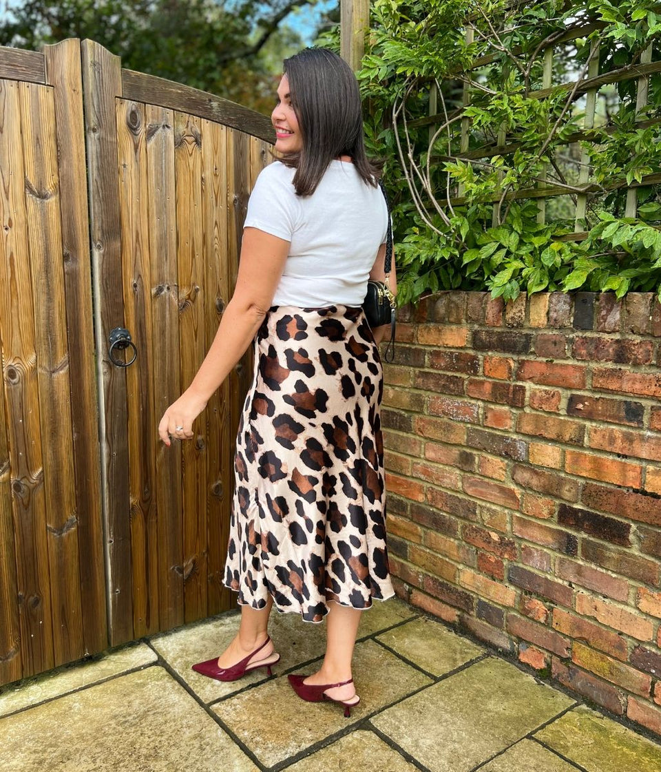 Abstract Leopard Print Satin Slip Midi Skirt