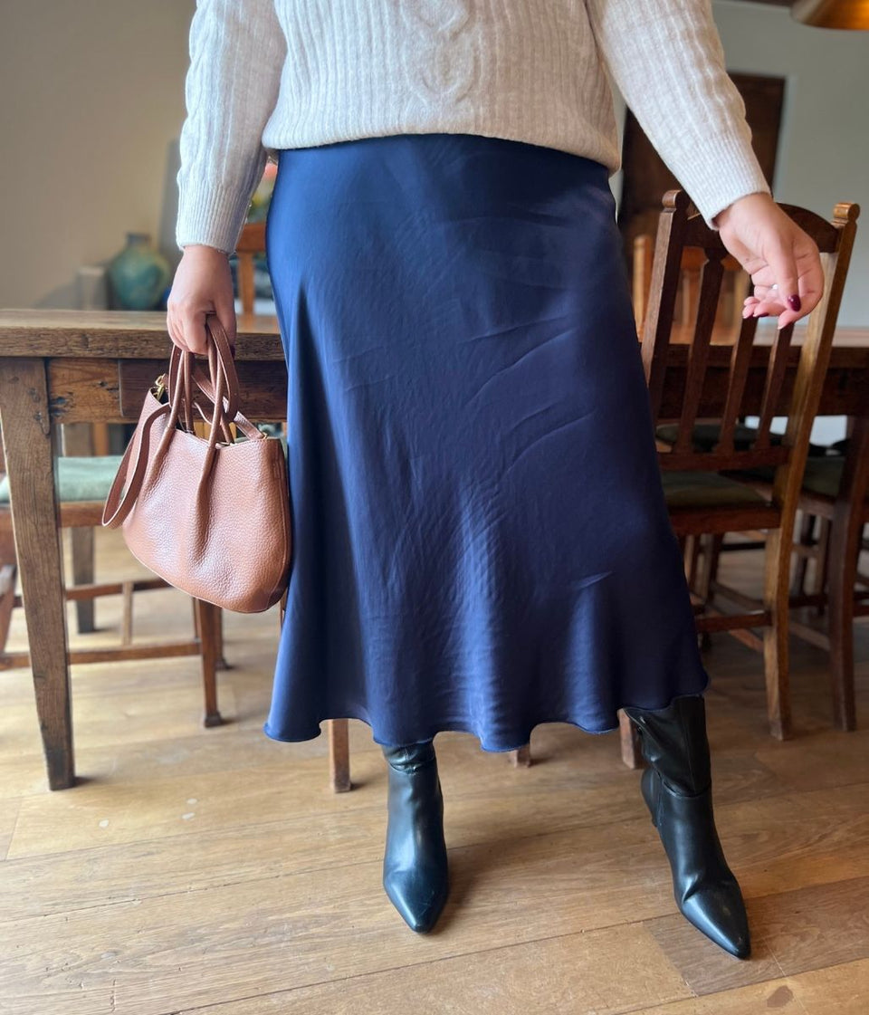 Navy Satin Slip Skirt