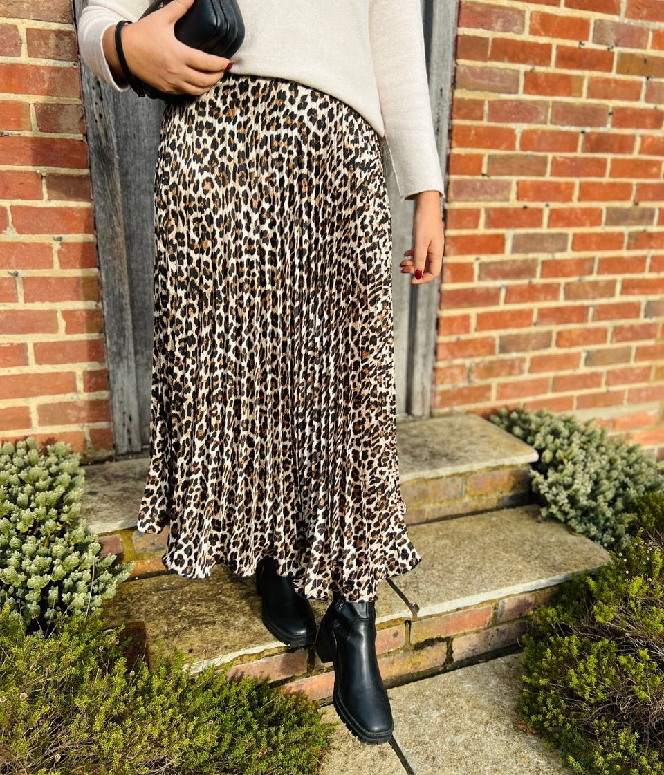 Animal Print Satin Pleated Skirt