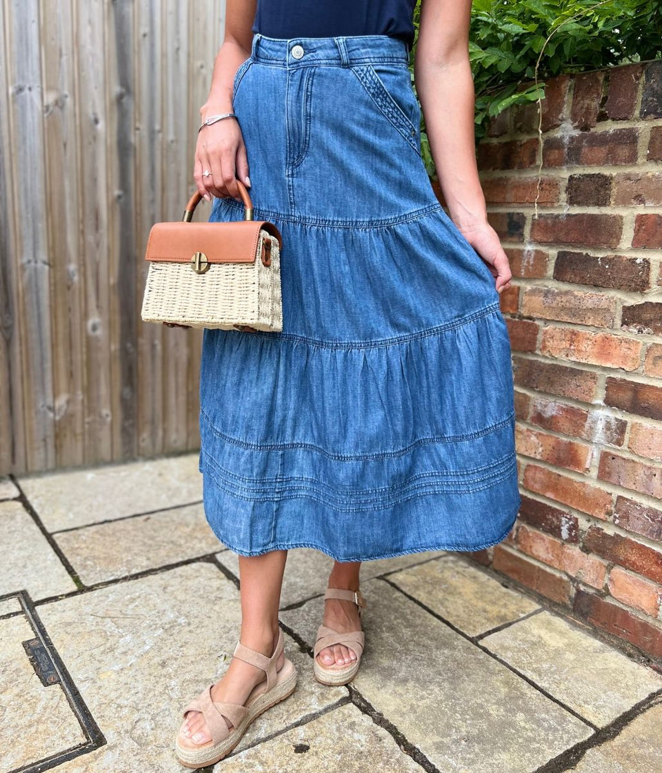 Denim Tiered Midi Skirt