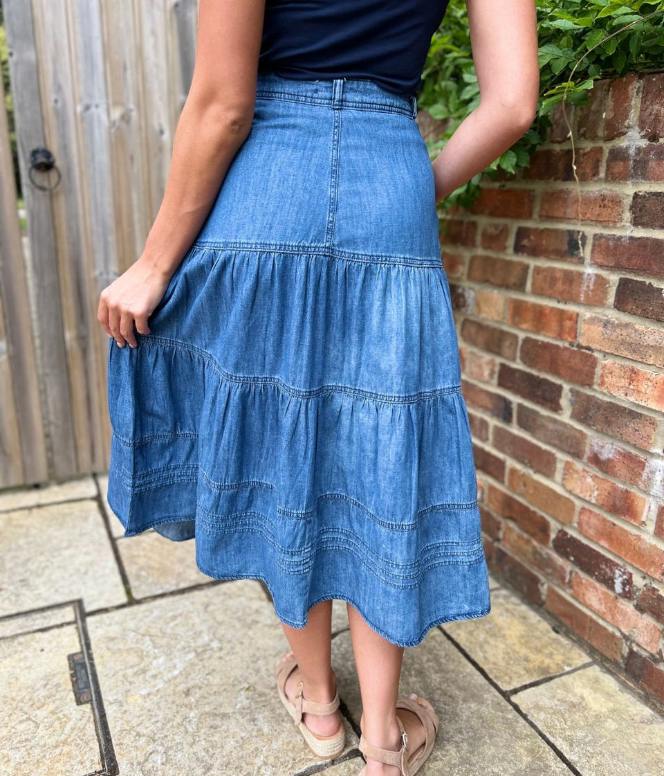 Denim Tiered Midi Skirt