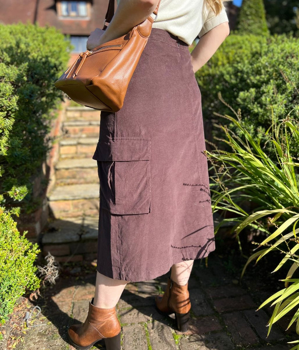 Chocolate Brown Cord Cargo Midi Skirt