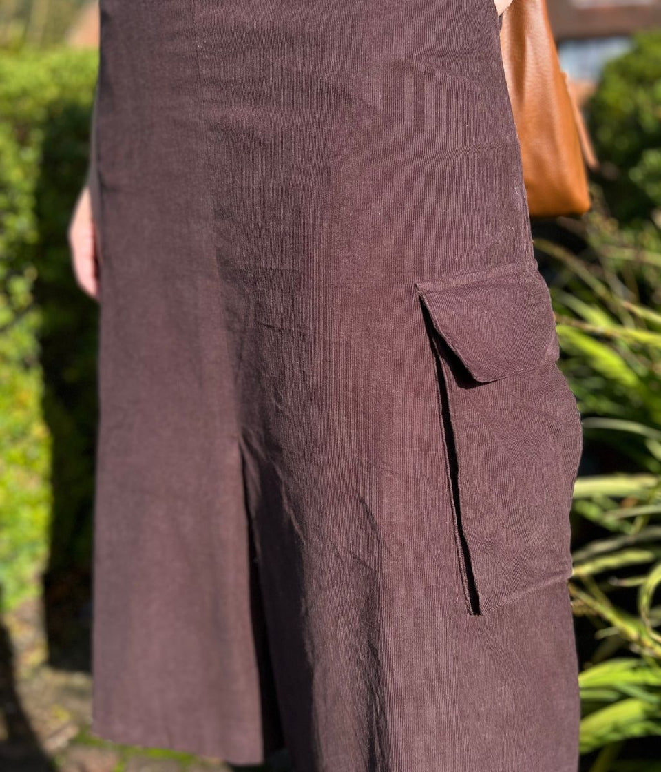 Chocolate Brown Cord Cargo Midi Skirt