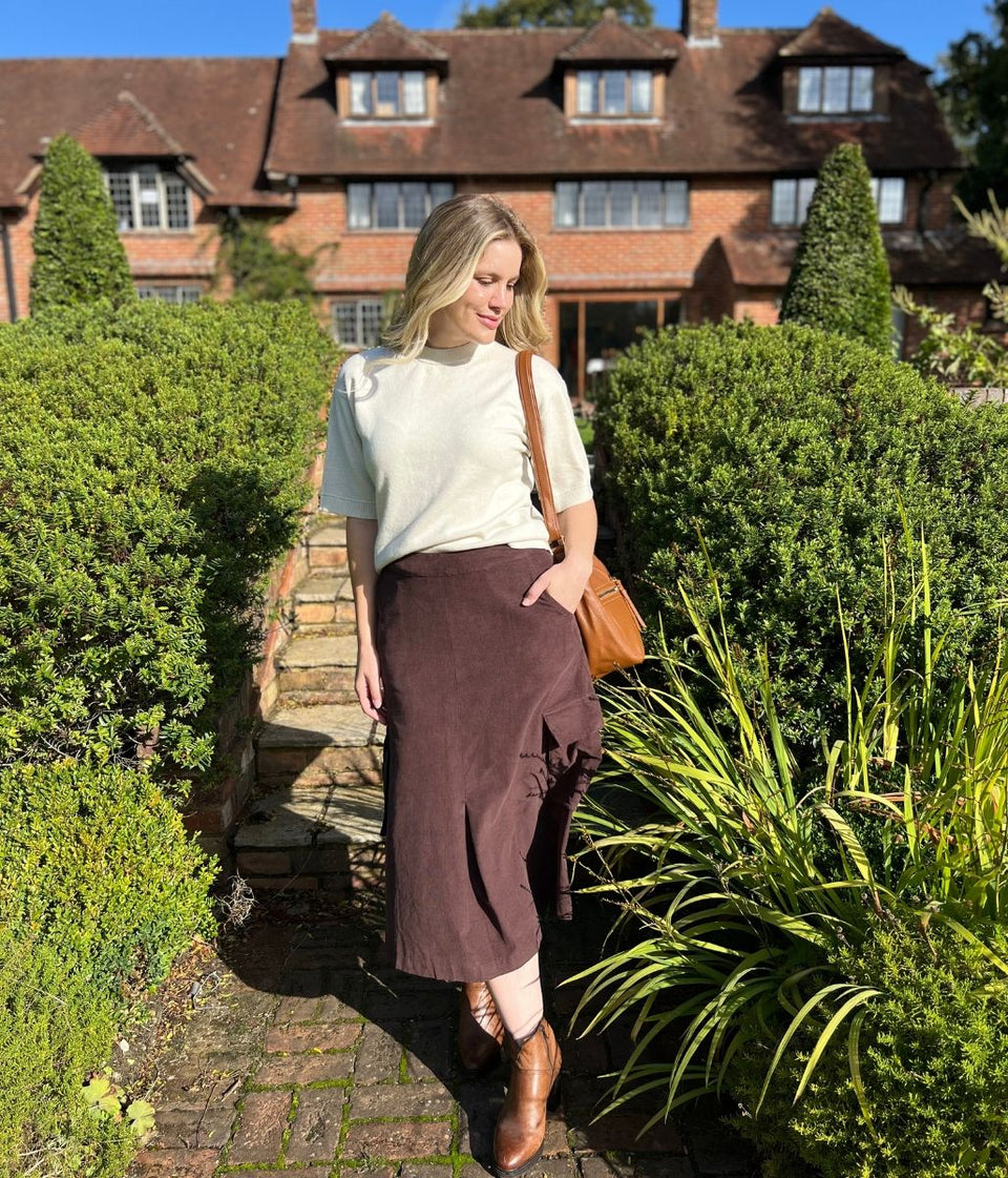 Chocolate Brown Cord Cargo Midi Skirt