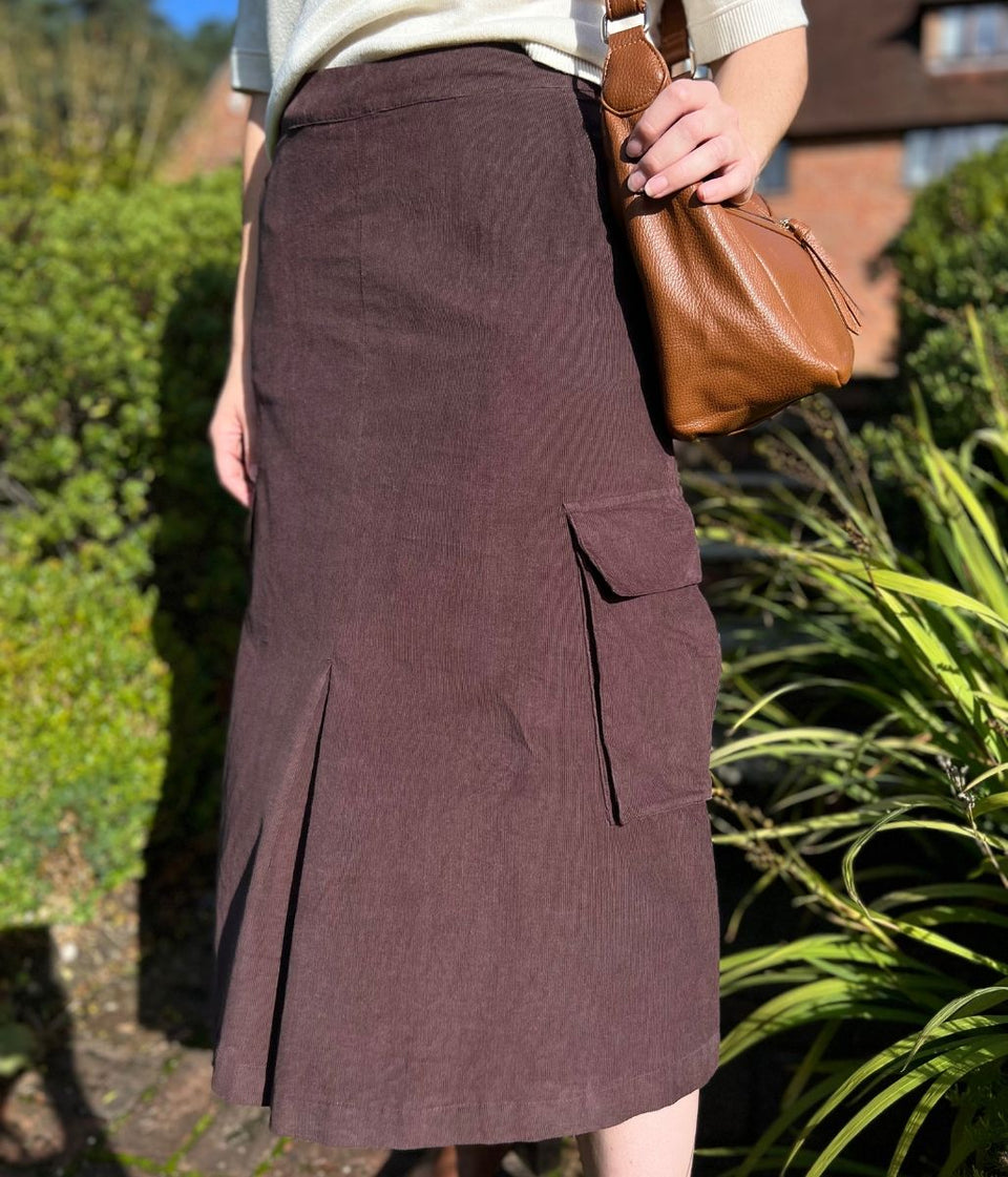 Chocolate Brown Cord Cargo Midi Skirt