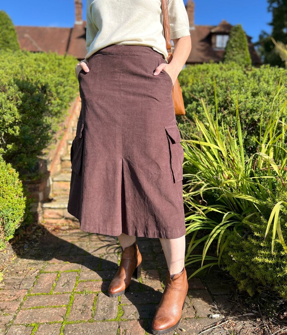 Chocolate Brown Cord Cargo Midi Skirt