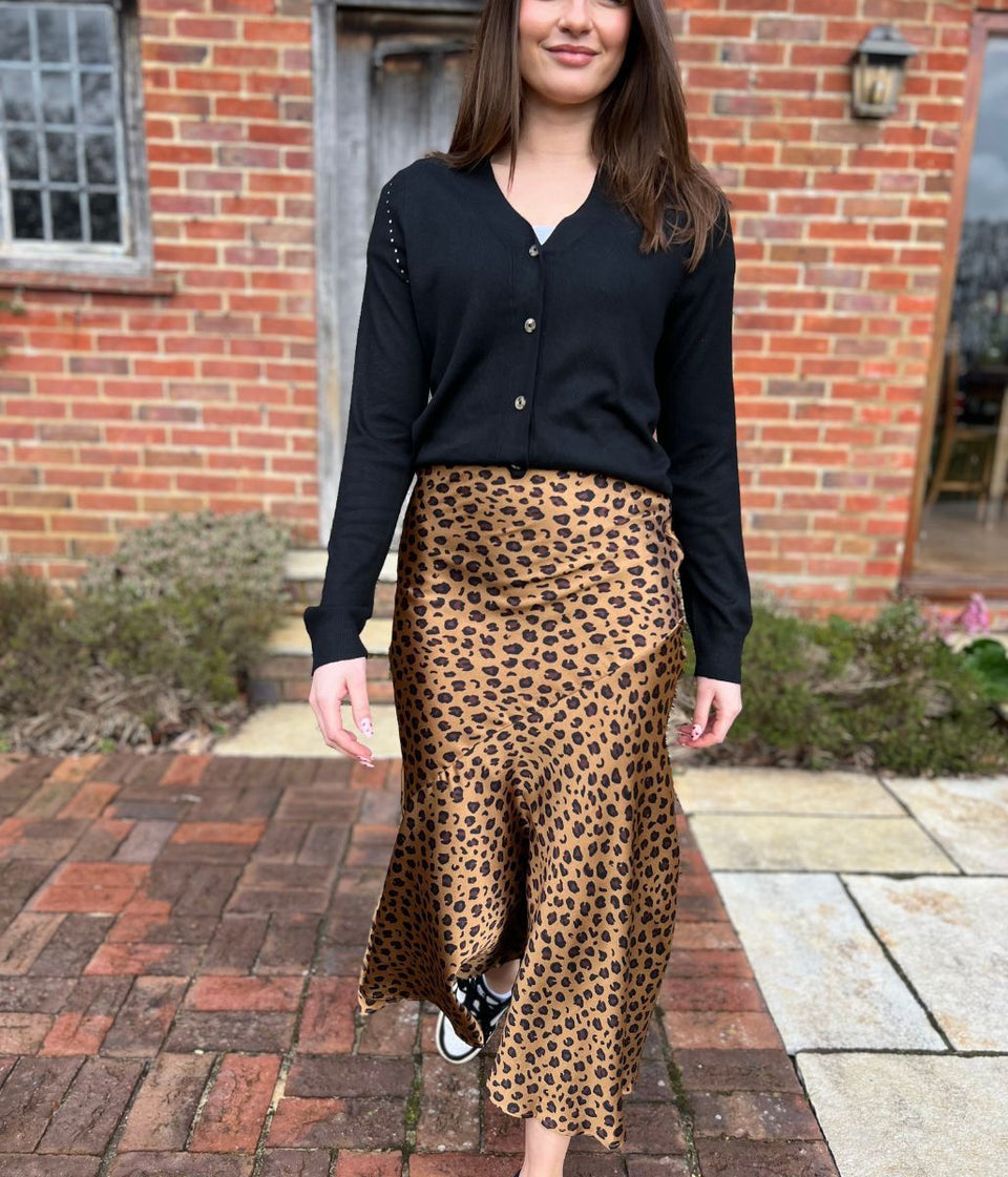 Leopard Print Satin Midi Skirt