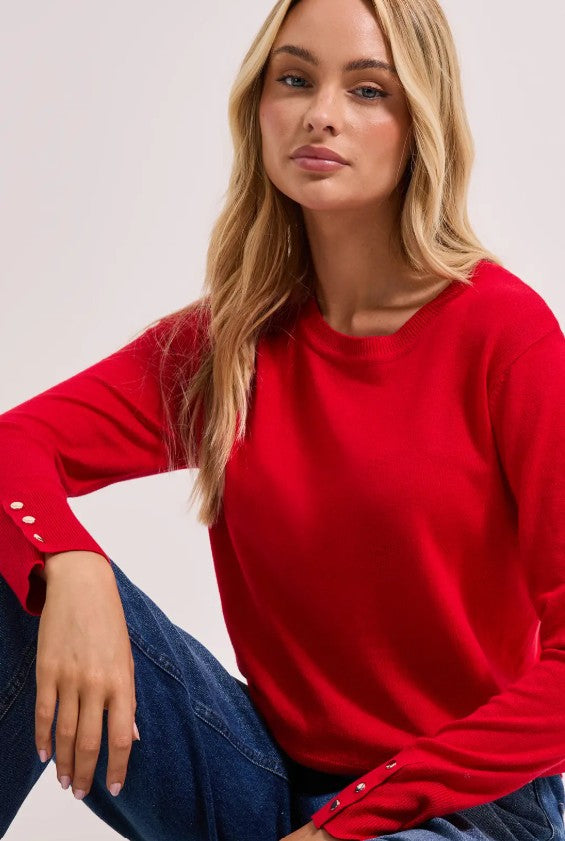 Red Fine Knit Button Cuff Jumper