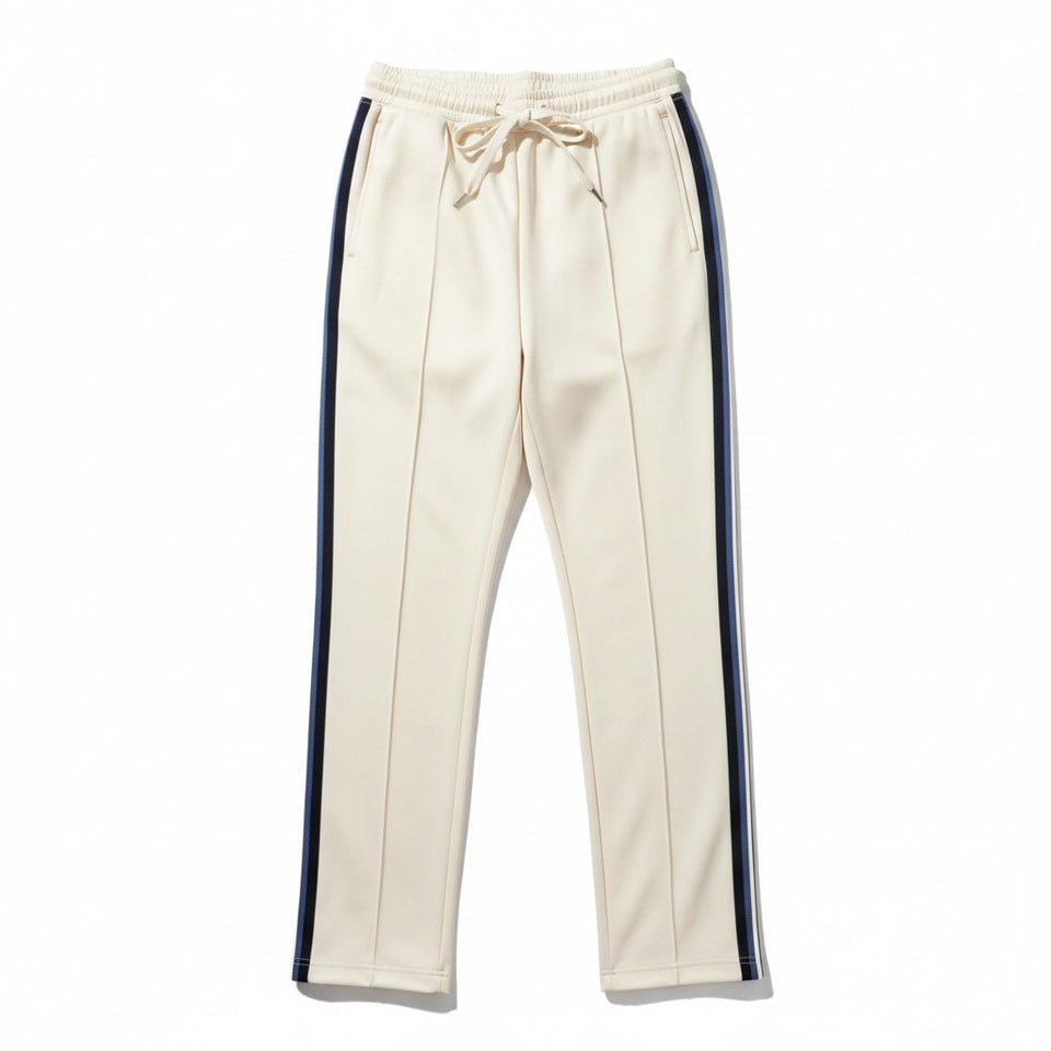Beige pants with navy stripes on a white background
