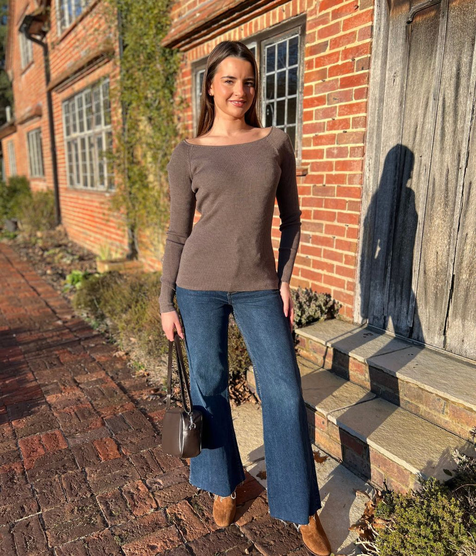 Taupe Merino Wool Ribbed Boatneck Jumper