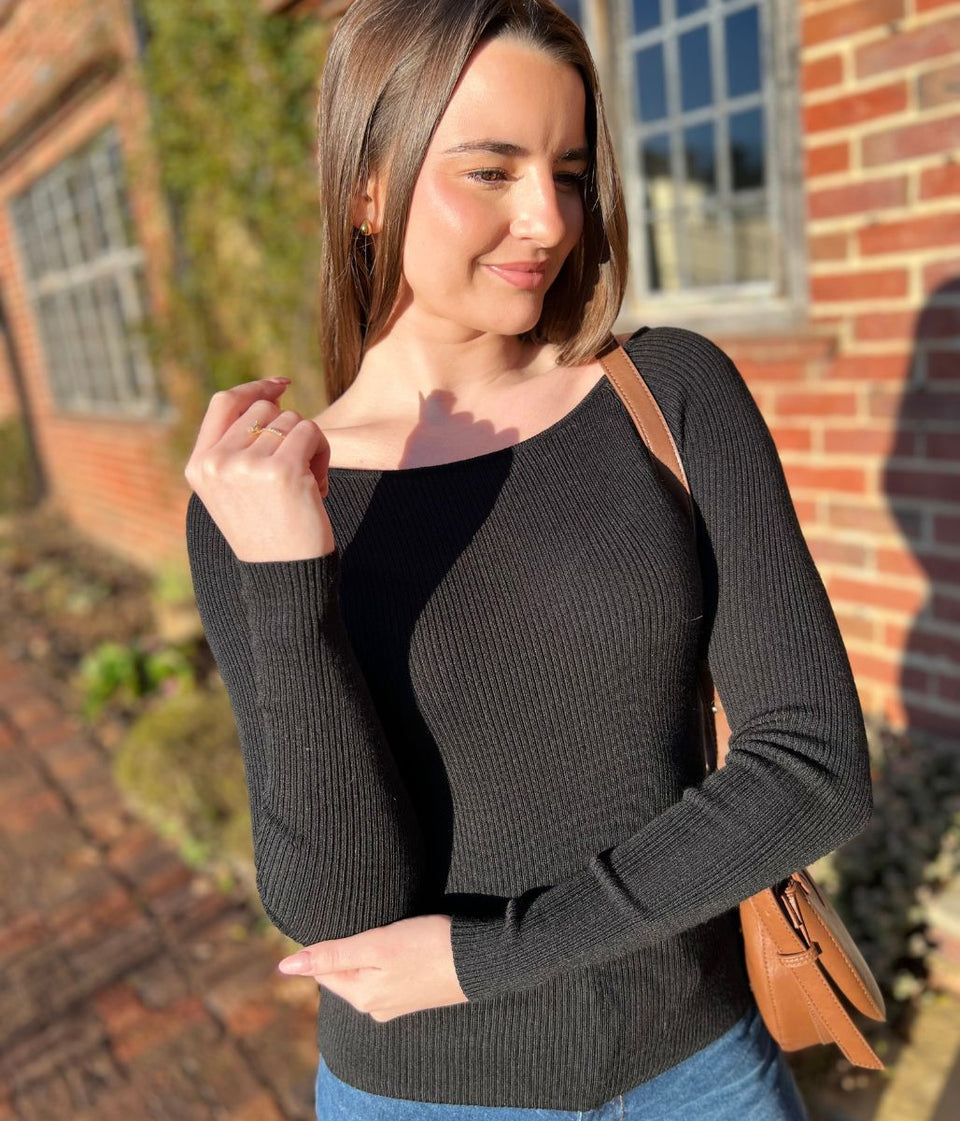 Black Merino Wool Ribbed Boatneck Jumper