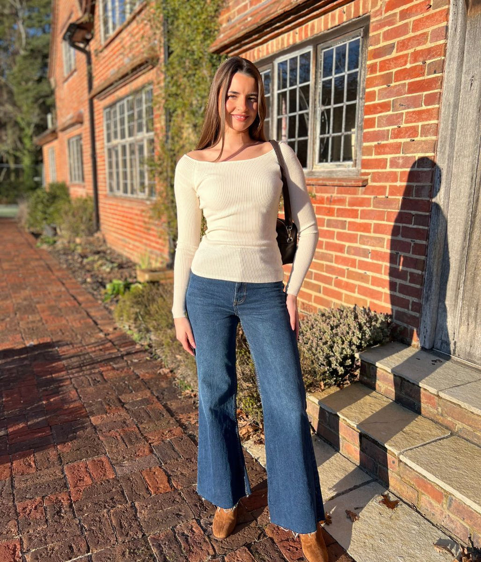 Cream Merino Wool Ribbed Boatneck Jumper