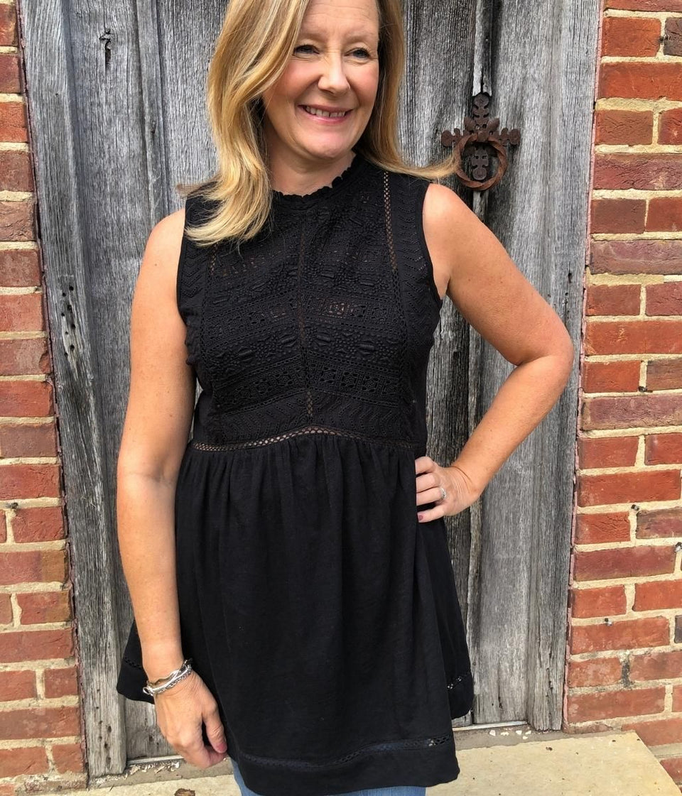 Black Cotton Broderie Tunic Top