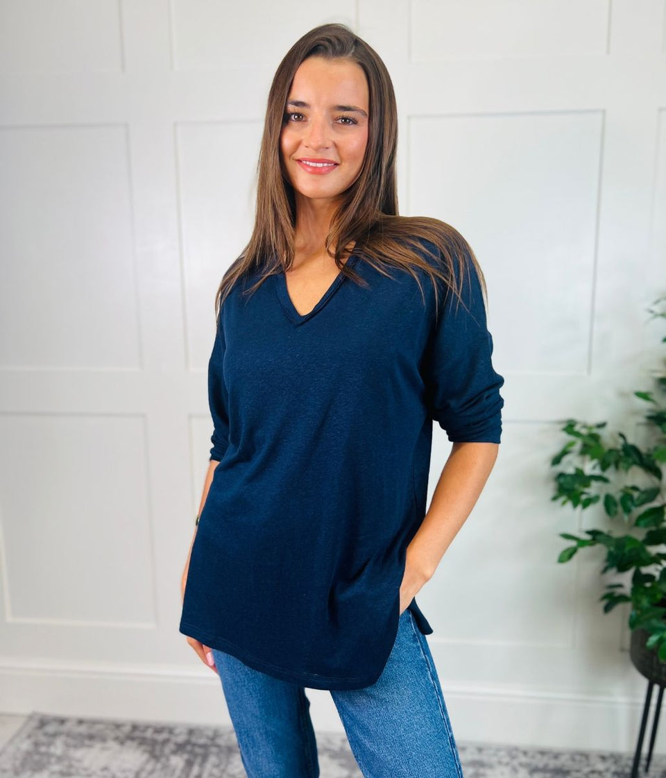 Navy Linen Rich Raw Hem Top