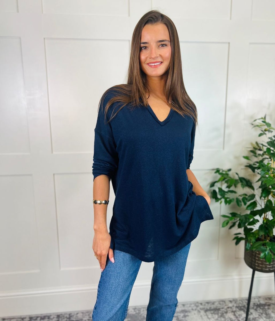 Navy Linen Rich Raw Hem Top