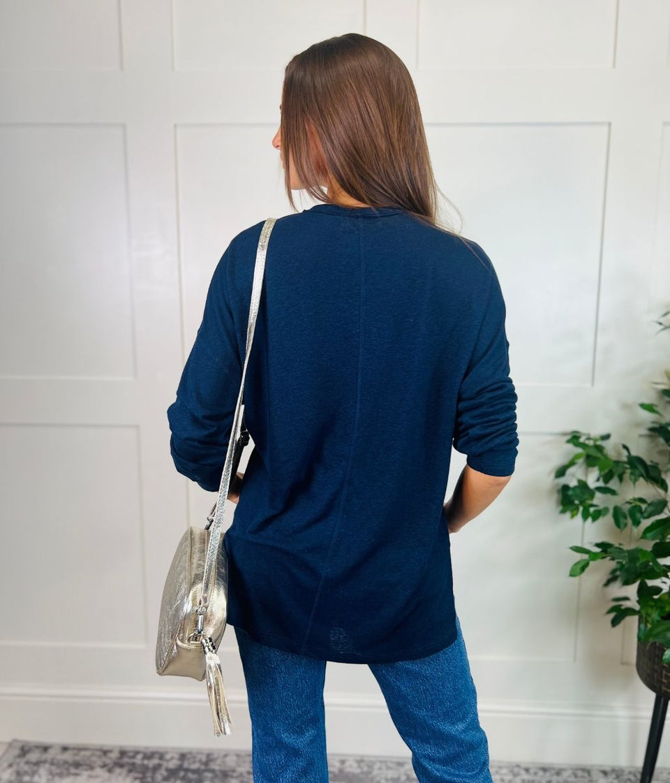 Navy Linen Rich Raw Hem Top