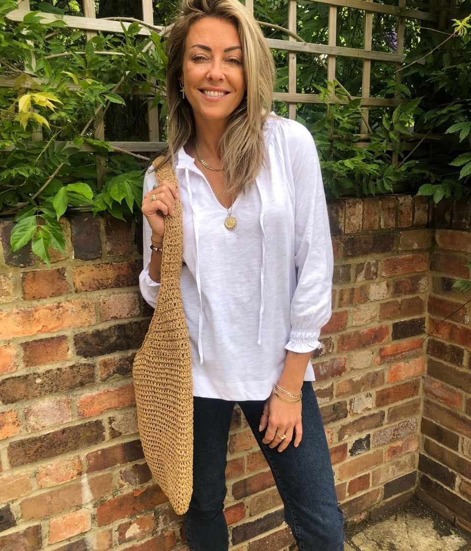 White Cotton Tie Neck Top