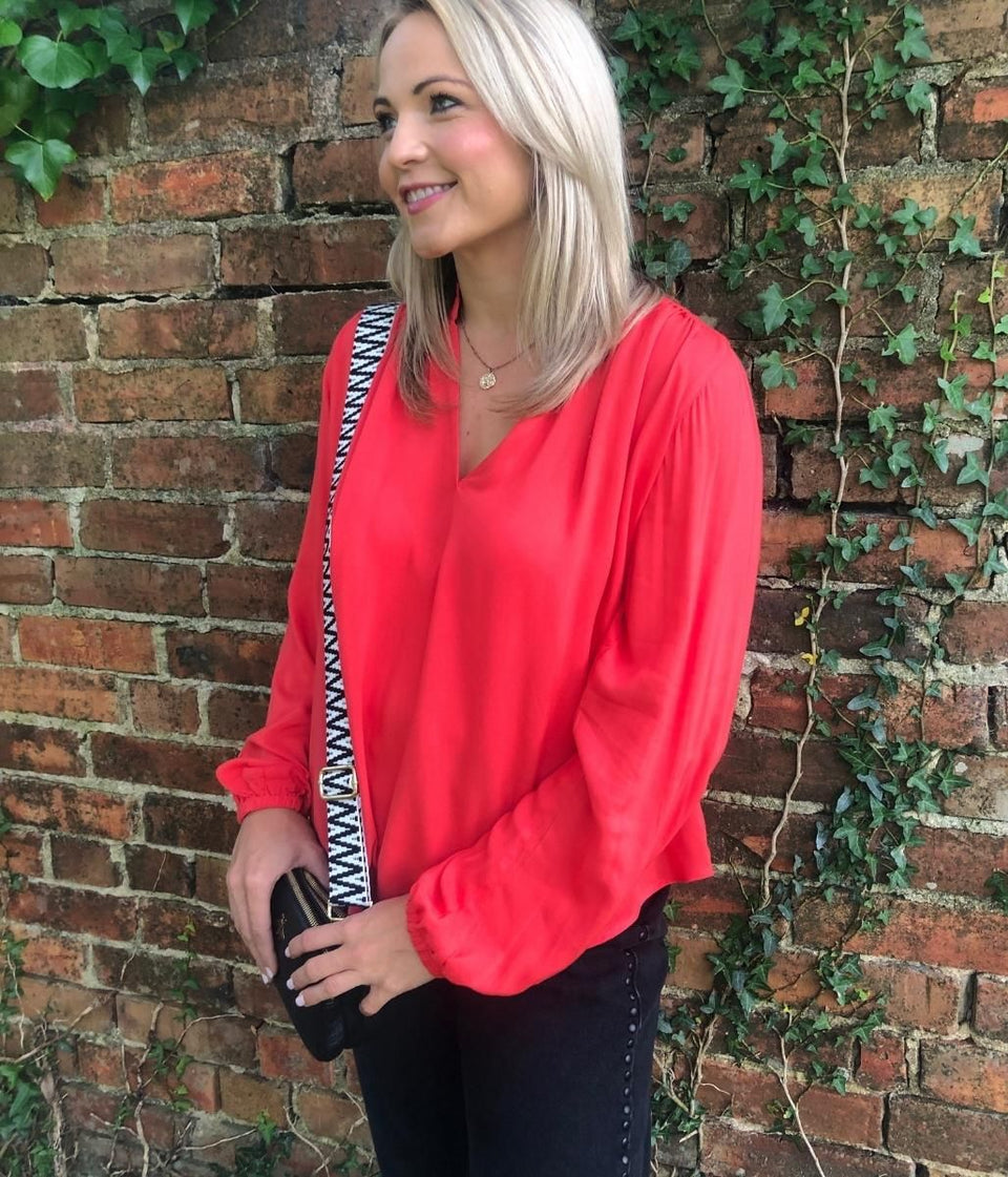 Coral Collarless Popover Blouse