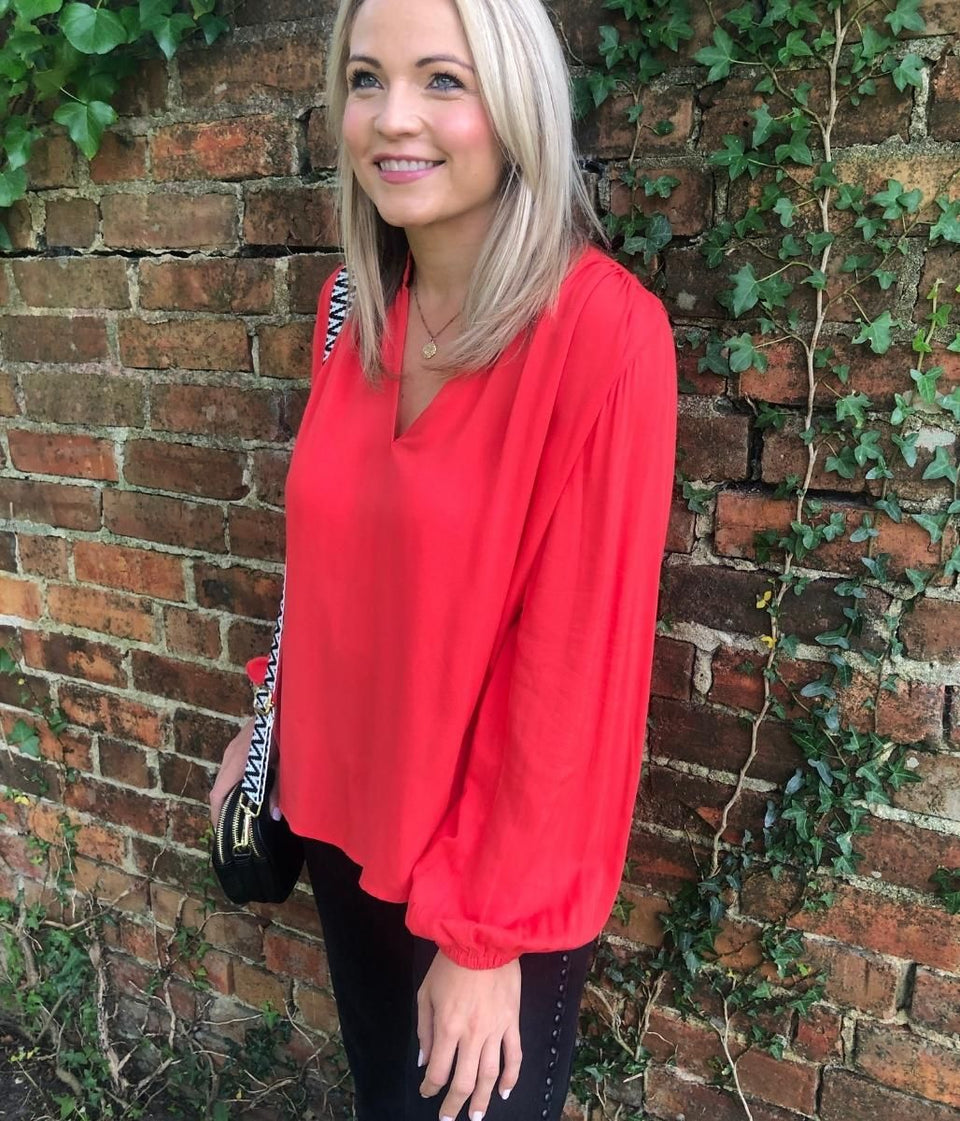 Coral Collarless Popover Blouse