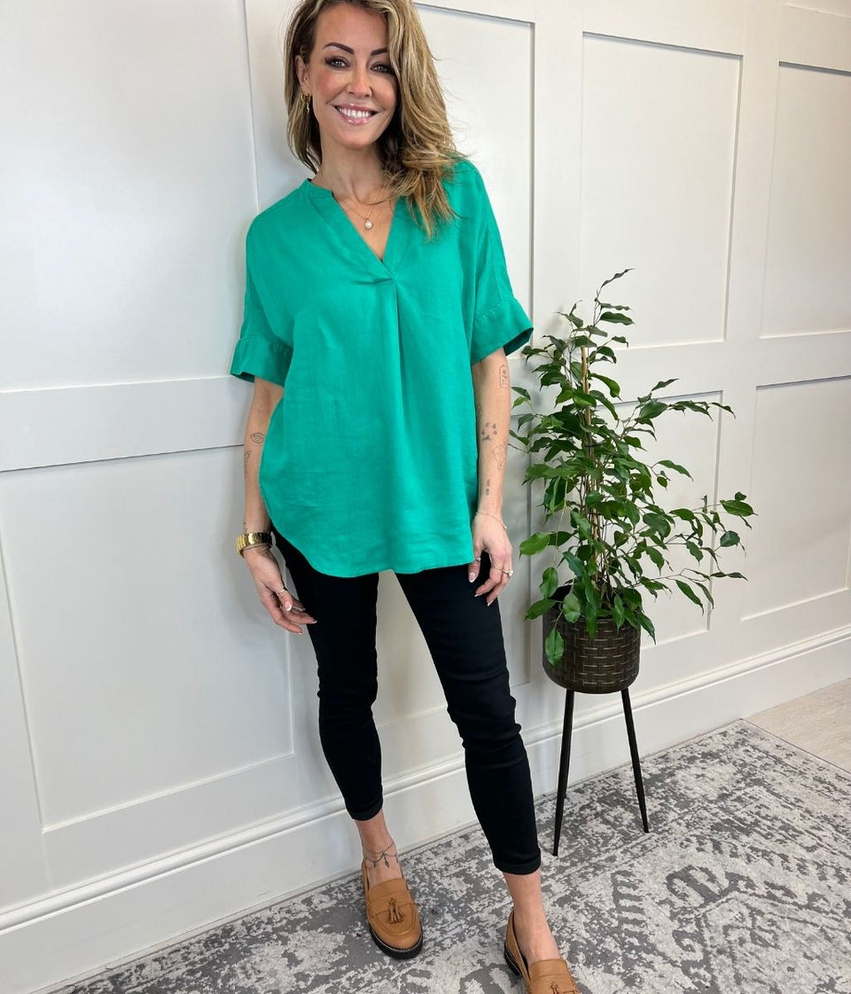 Jade Linen Popover Blouse