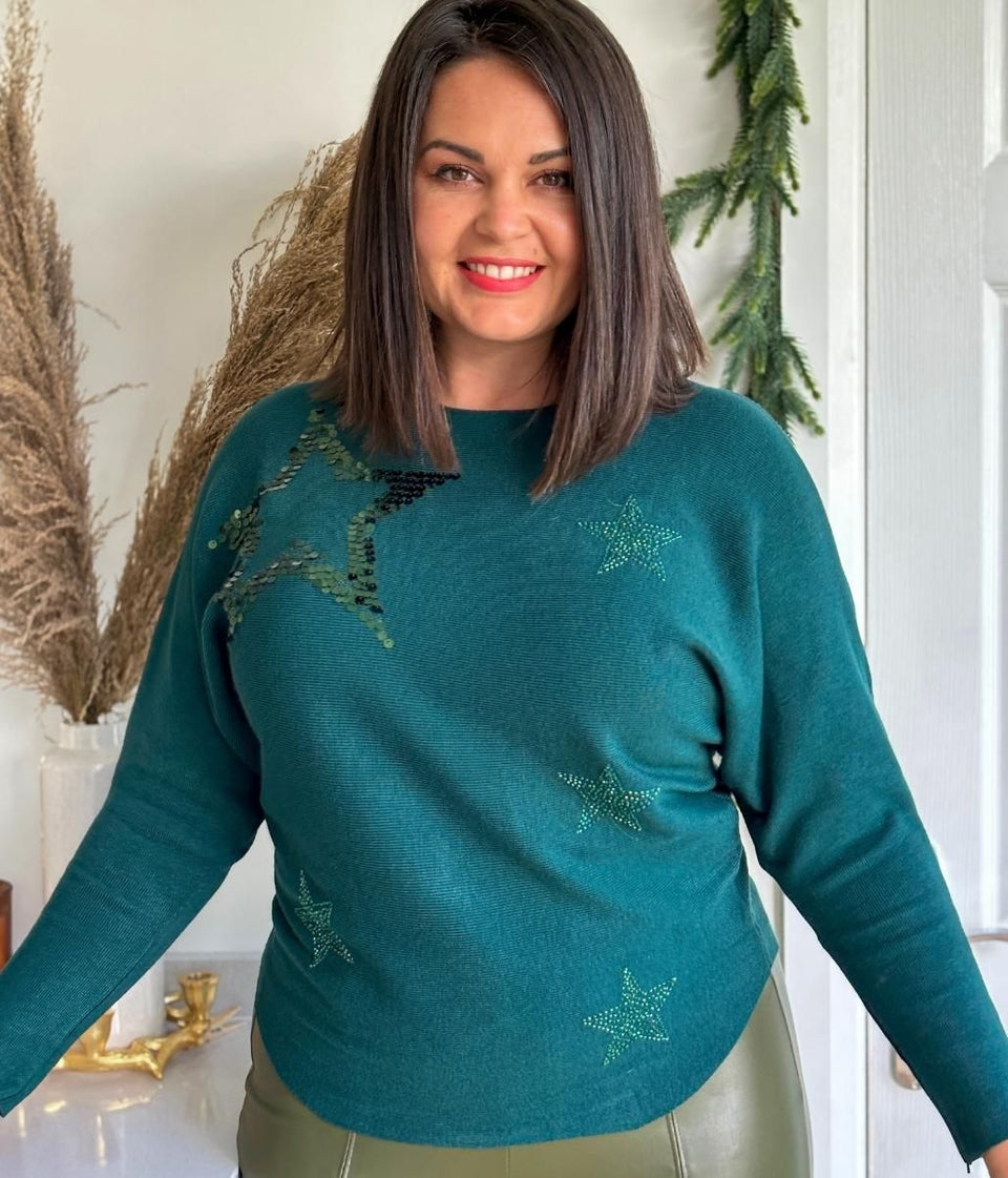 Green Embellished Star Christmas Jumper